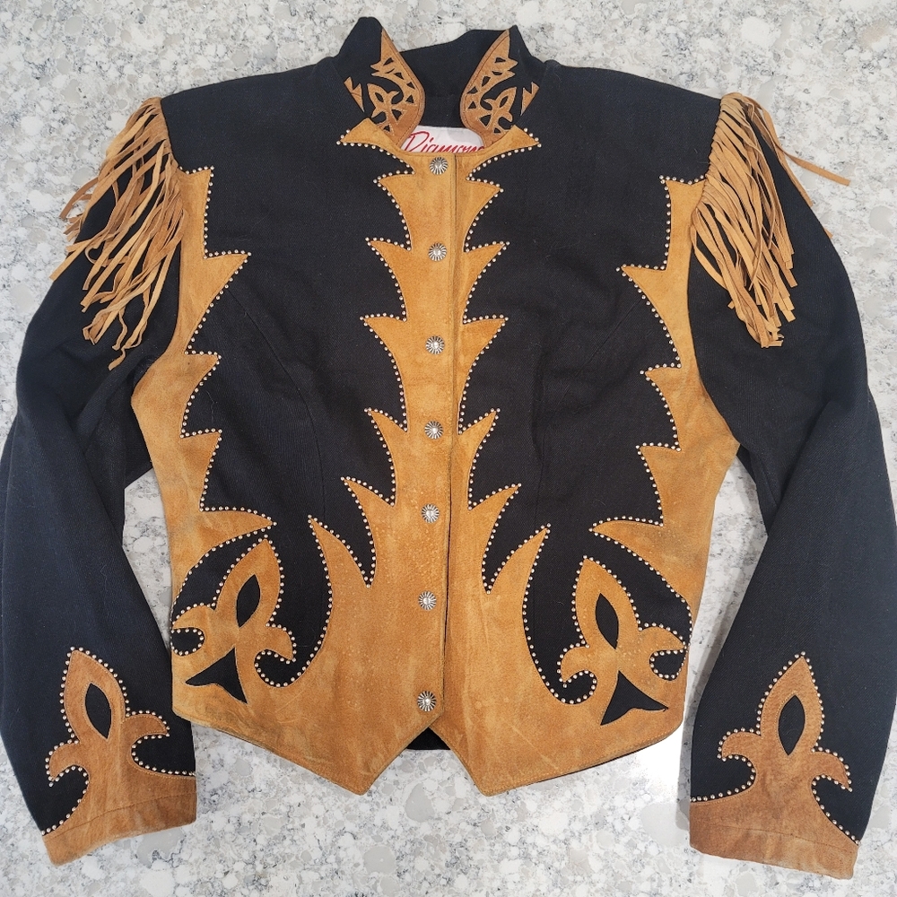 Vintage Diamond Denim & Leather Western Fringe Jacket
